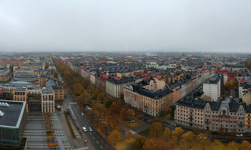 High angle view of buildings against sky