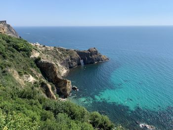 High angle view of bay against sky