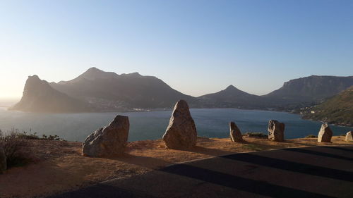 Panoramic view of sea and mountains against clear blue sky