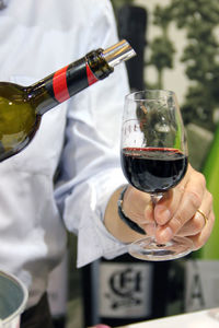 Close-up of hand holding wine bottle