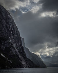 Scenic view of mountain by sea against sky