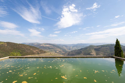 Scenic view of lake against cloudy sky