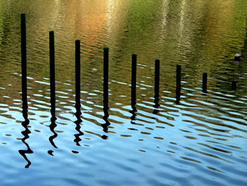 View of wooden post in water