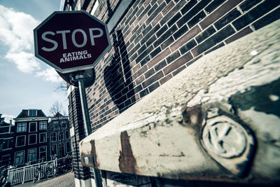 Low angle view of road sign against wall in city