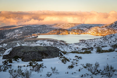 Scenic view of snowcapped mountains against sky during sunset