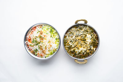 High angle view of food on table against white background