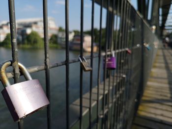 Close-up of padlocks on railing