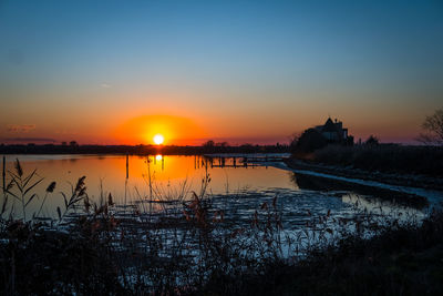 Scenic view of lake against sky during sunset