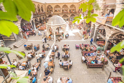 High angle view of people in market