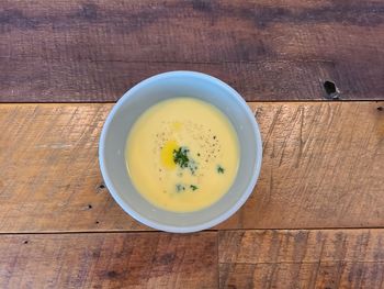 High angle view of soup in bowl on table