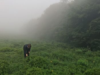 Full length of man with horse on field in foggy weather