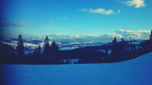 Silhouette trees by mountains against sky during winter