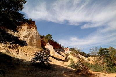 Rock formations on landscape against cloudy sky