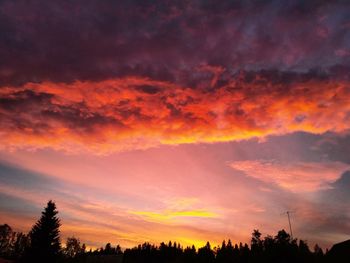 Silhouette trees against dramatic sky during sunset