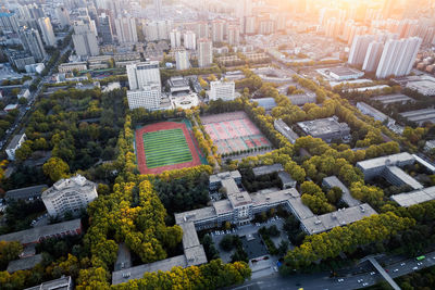 High angle view of buildings in city