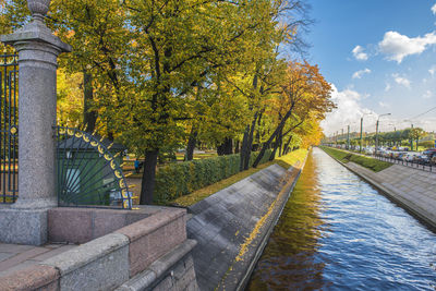 Footpath amidst trees in park during autumn