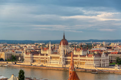 Hungarian parliament building by danube river in city