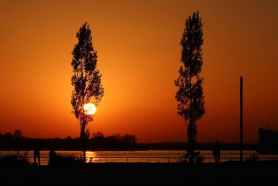 Silhouette trees by lake against sky during sunset