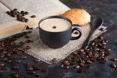 High angle view of coffee beans on table