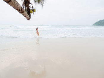 Rear view of woman standing at beach against sky