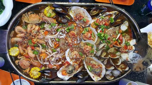 High angle view of food in cooking pan