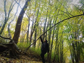 Man standing amidst trees in forest