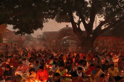 High angle view of people in temple