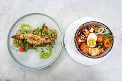 High angle view of food served on table