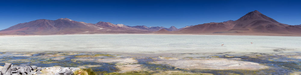 Scenic view of mountains against clear blue sky