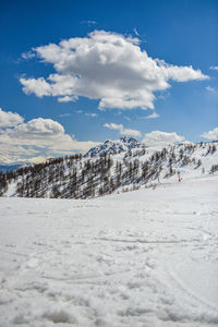 Scenic view of snow covered mountains against sky