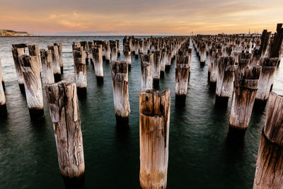 Panoramic view of wooden posts in sea against sky