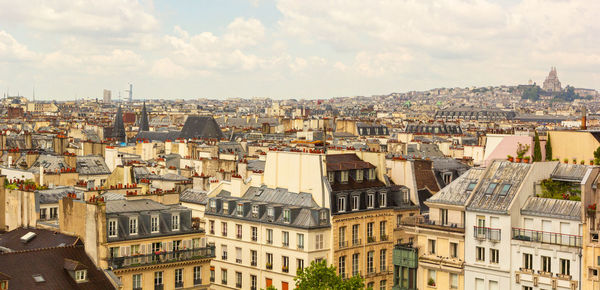 Panoramic view, aerial skyline of paris on city center, sacre coeur basilica, churches and cathedral