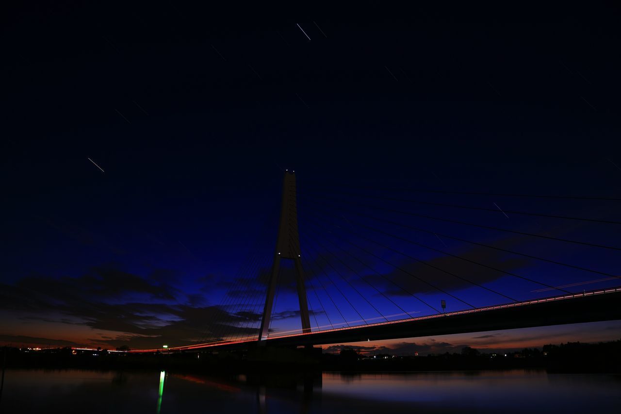 night, connection, water, illuminated, bridge - man made structure, waterfront, built structure, engineering, suspension bridge, bridge, river, sky, architecture, blue, sea, reflection, transportation, clear sky, dusk, copy space