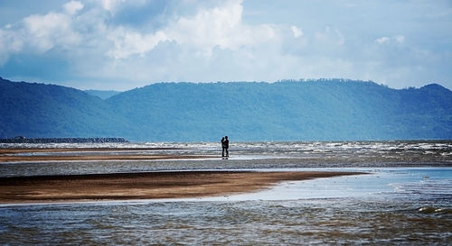 Rear view of a overlooking calm sea