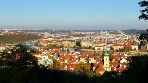 High angle view of cityscape against clear sky