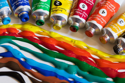 Close-up of colorful paint tubes