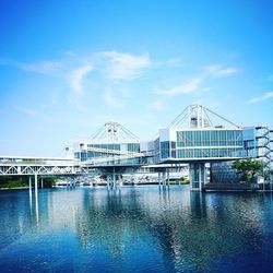 Bridge over river against blue sky