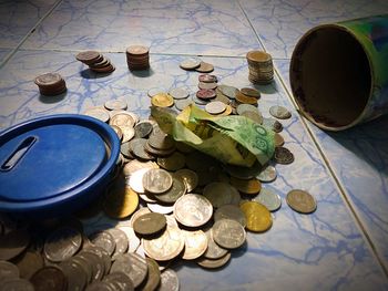 High angle view of coins on floor