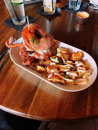 High angle view of food in plate on table