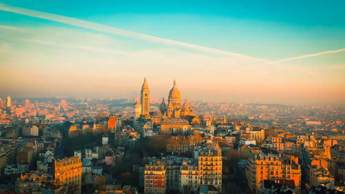 High angle view of cityscape against sky during sunset,paris aerial panorama 