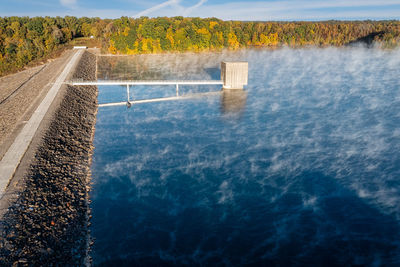 Aerial drone view, of a bass fisherman fishing on tims ford lake in tennessee