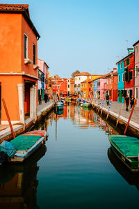 Picturesque buranon street with canal and colorful houses at sunset