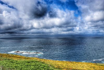 Scenic view of sea against storm clouds