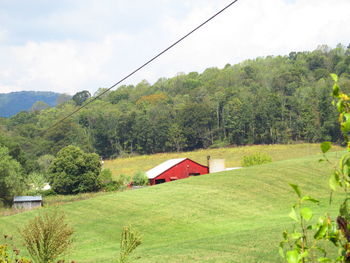 Scenic view of trees and houses against sky