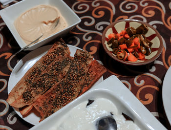 High angle view of breakfast on table