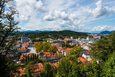 High angle shot of townscape against sky