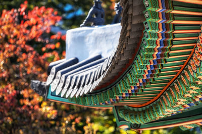 Close-up of multi colored temple against building