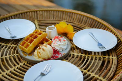 High angle view of dessert in plate on table