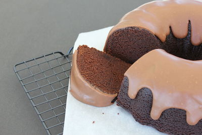 High angle view of chocolate cake on table