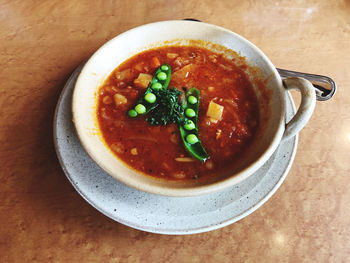 High angle view of soup in bowl on table